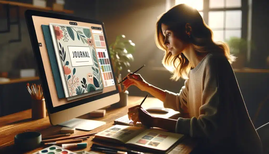 a woman creating a journal using Canva on her desktop computer