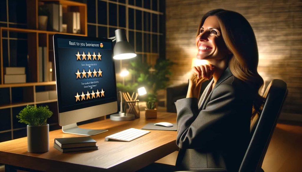 a woman in her office reading five star feedback from customers on Amazon