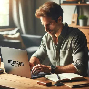 DALL·E 2024 04 10 04.06.30 A man sitting at a desk working intently on a laptop. The laptop is open and on its back there is a large clear Amazon logo. The man is casually dr