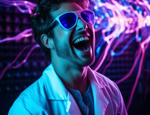 alejandrodl46 a man in a lab coat laughing with lasers coming f cf7c076f 8e33 477a 9268 e86dd1e7f89e
